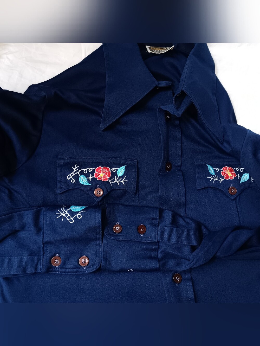 Vintage 1970s Campus Knit Embroidered Western Disco Shirt Navy Blue